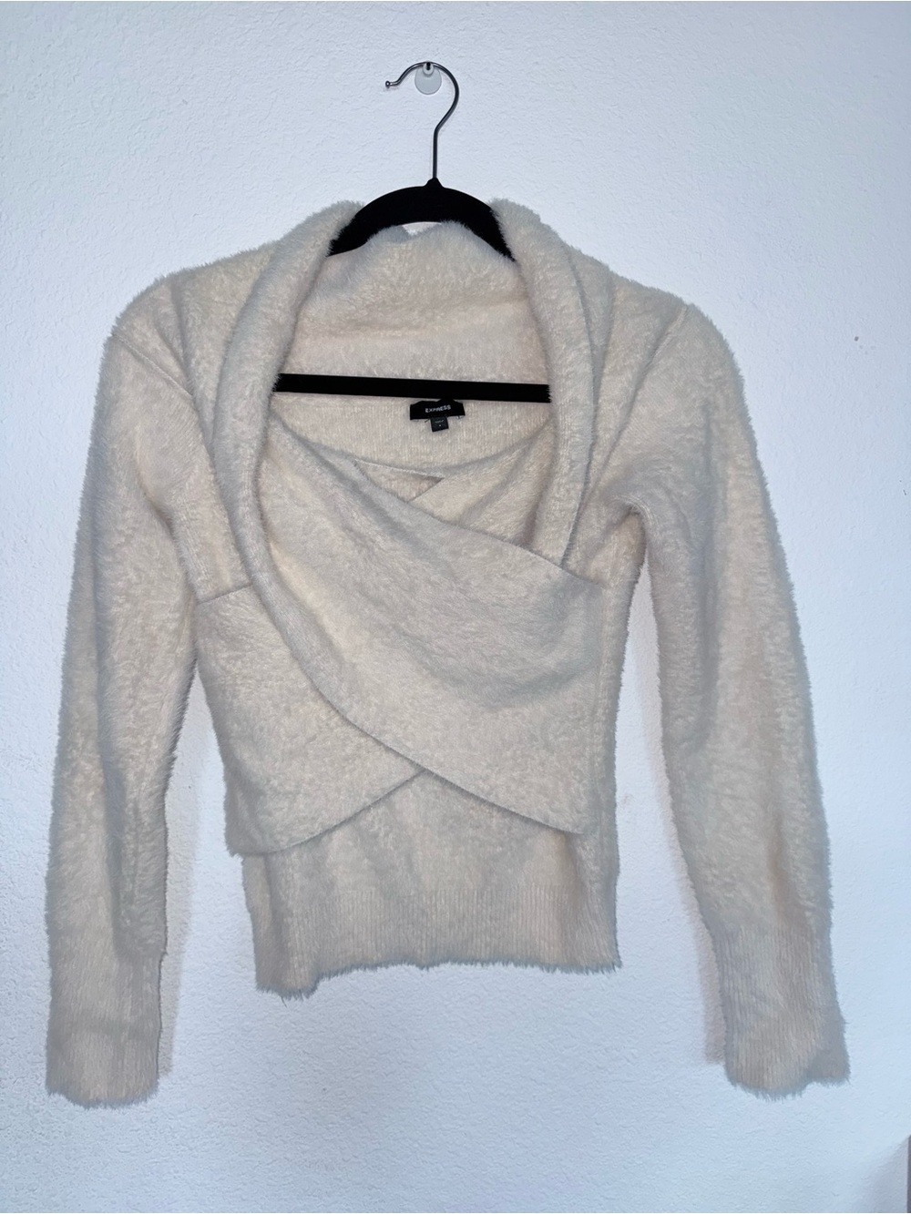 Express Cream Wrap-Front Fuzzy Women's Sweater Small